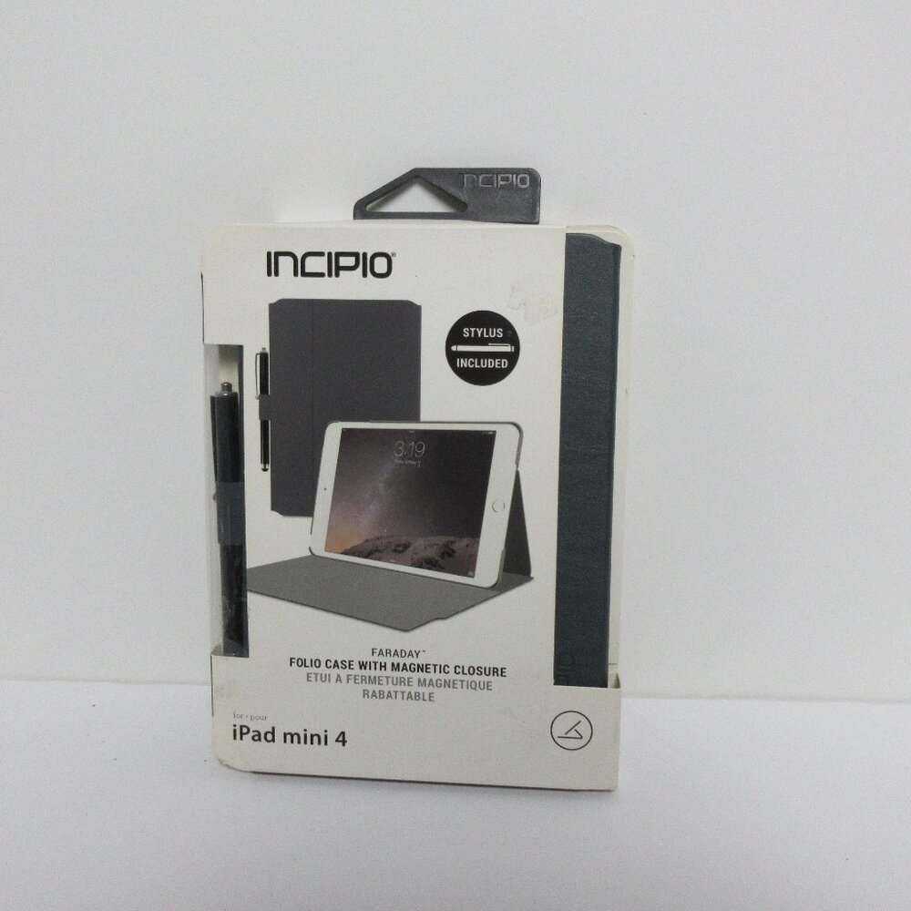 Incipio Faraday Navy Leather Case i pad mini 4 Gray Magnetic Closure W/Stylus